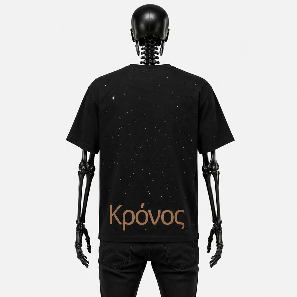 Le t-shirt Saturne de Gotham Mahtgo est noir. Cette image représente le dos de ce t-shirt. Dessus il y a une écriture floquée en bas du t shirt en marron, et il y a des strass sur tout le dos.
Mannequin : Squelette de dos